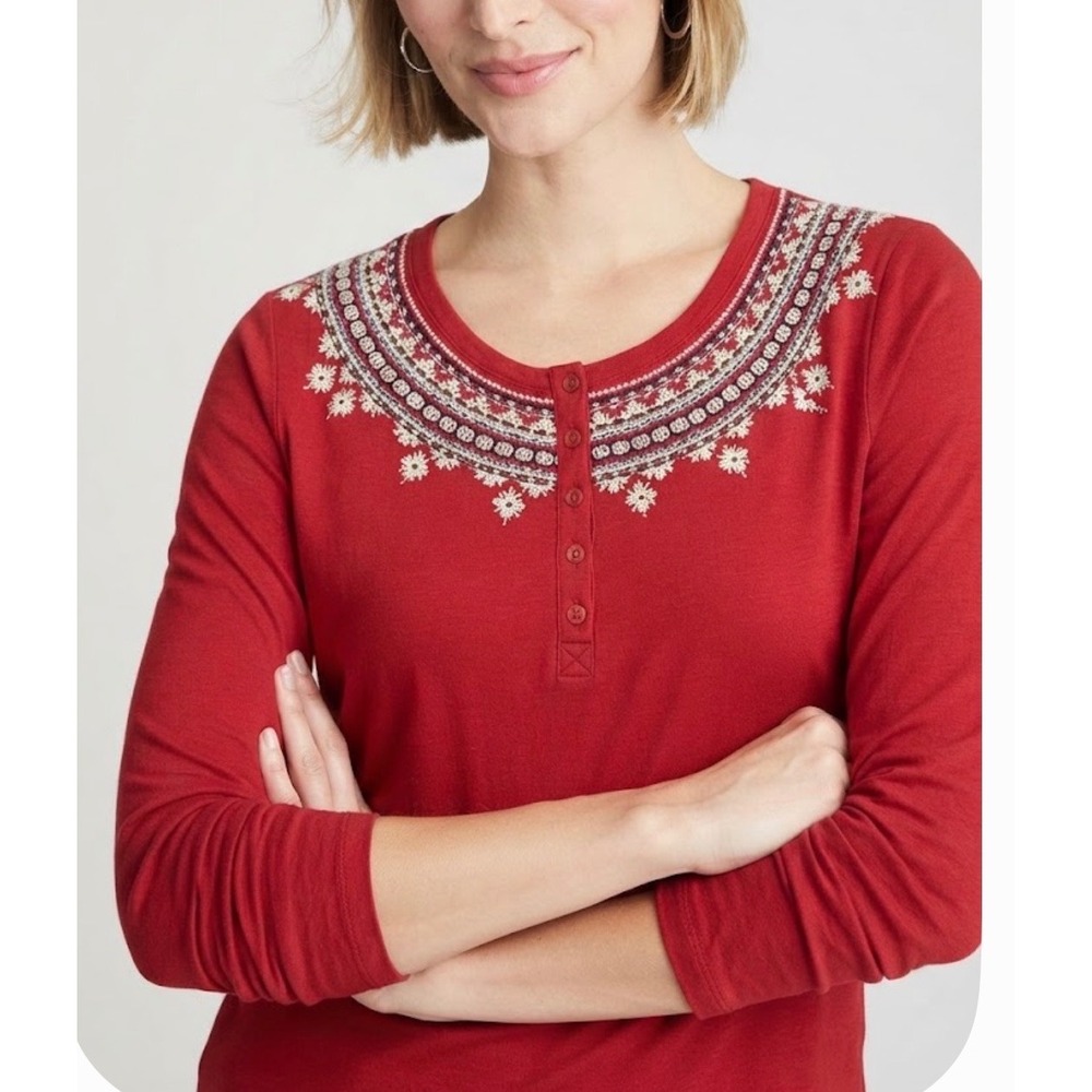 J. Jill Red Embroidered Henley Top Long Sleeve Cotton Modal Petite Large
